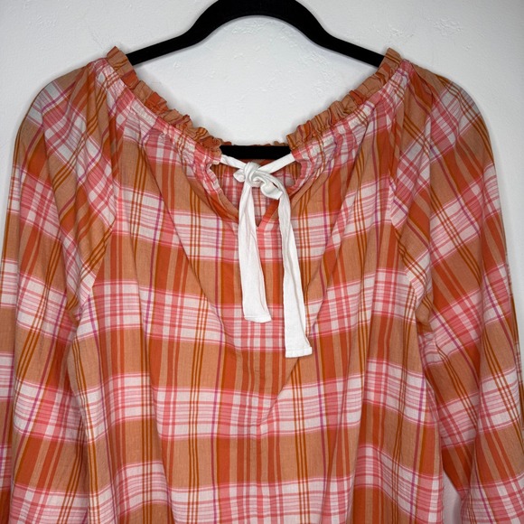 J.Crew Plaid Peasant Top 100% Cotton Ruffle Orange Pink Med Cottagecore Prairie - Picture 7 of 14